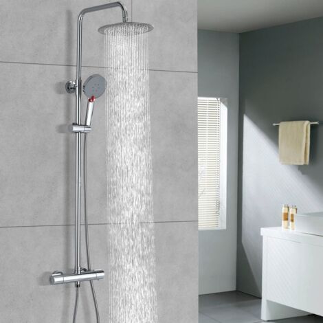 DETBOM Duschsäulen mit Thermostat Chrom Duschsystem Dusche Duscharmatur Runde Duschsäule Duschgarnitur Duscharmatur Höhenverstellbar