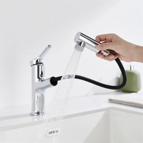 DETBOM Wasserhahn Bad mit Ausziehbar Brause Armatur Badezimmer mit 2 Strahlarten Einhebelmischer Waschbecken Warm Kalt Mischbatterie Bad Waschbeckenarmatur Chrom