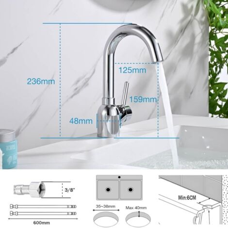 Rubinetto Bagno BuntHaus Girevole 360° – Monocomando In Acciaio Inox 304, Cromato, Con Tubi 60 Cm, Aeratore Rimovibile, Valvola In Ceramica