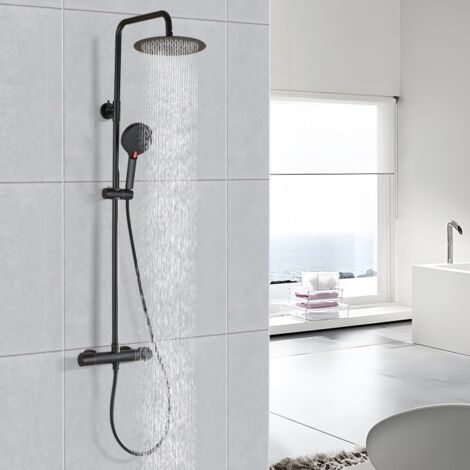 DETBOM Colonna Doccia Termostatica Kit Doccia Rotondo Nero Altezza Regolabile Sistema Doccia in Acciaio Inox