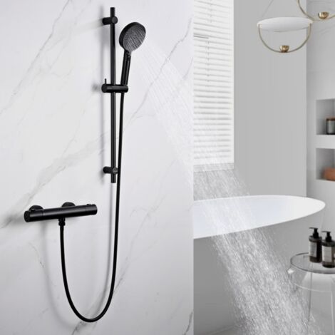 DETBOM Colonna Doccia Termostatica Miscelatore Doccia Nero con Doccetta a 3 Getti e Asta Doccia Set Doccia Moderno