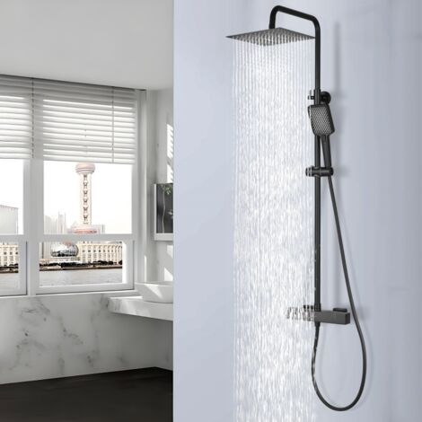 DETBOM Colonna Doccia Termostatica Sistema Doccia Nero Set Doccia Regolabile in Altezza con Miscelatore Termostatico per Bagno Soffione Doccia a Pioggia Quadrato
