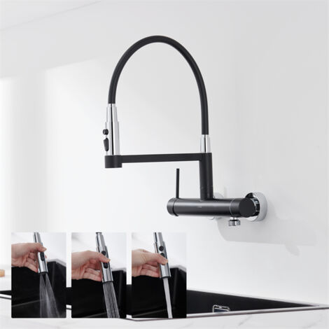 DETBOM Grifo Mezclador de Cocina de Pared Negro Grifo de Cocina con 3 Cabezales de Rociado Grifo Mezclador de Fregadero con Mangueras Extraíbles Grifo Giratorio de 360° de Acero Inoxidable