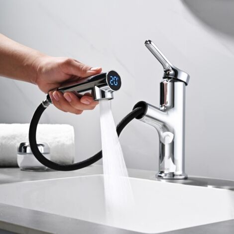 DETBOM Grifo de Baño con Ducha Extraíble Grifo Mezclador de Lavabo de 2 Chorros con LED Inteligente Grifo de Lavabo de Baño Elegante Cromado