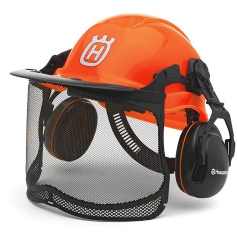Husqvarna – Casque fonctionnel fluo EN 397 – Visière grillagée métal réglable – Protecteurs d’oreilles – Résistant à -40° – SNR 26 dB(A)