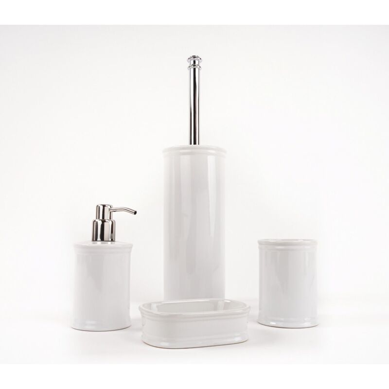 Set D’accessoires Salle De Bain Luxe - 3 Pièces En Céramique Blanche Et Or | Distributeur Savon, Brosse WC, Porte-brosse à Dents