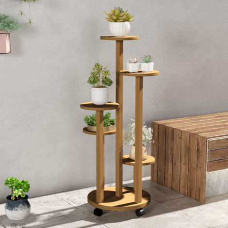 Étagère à Plantes GIANTEX En Bambou – 3 Niveaux, 70x40x(120-144)cm Réglable – Avec Barre Suspendue – Pliable