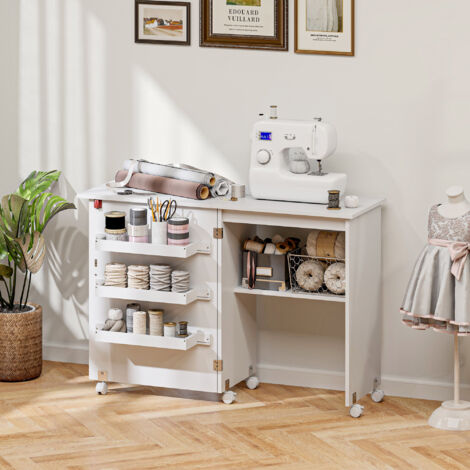 GIANTEX Table de Couture sur roulettes, Meuble Machine à Coudre, Station de Recharge, 4 Plateaux Ouvert de Rangement, Grand Plan de Travail, Meuble Couture Pliant pour Salon, Bureau, Blanc