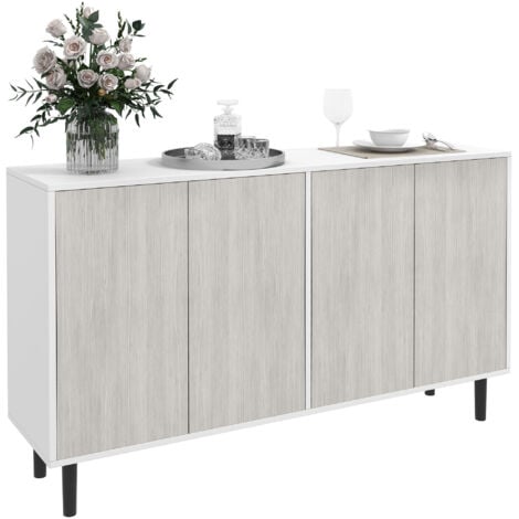 Ya-Home Buffet Bas Avec 2 Portes En Verre Meuble De Rangement Avec Compartiments Meuble TV Avec Pieds En Bois Massif Pour Salon, Blanc
