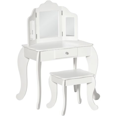 Coiffeuse Enfant Avec Tabouret, Miroir Triptyque Et Tiroir Coulissant Coiffeuse Dim 63l X 40l X 85 5h Cm Mdf Blanc Acrylique