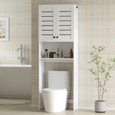 HOMCOM Meuble WC Au-dessus Toilette - Armoire Rangement Salle De Bain 190 Cm Blanc Persiennes