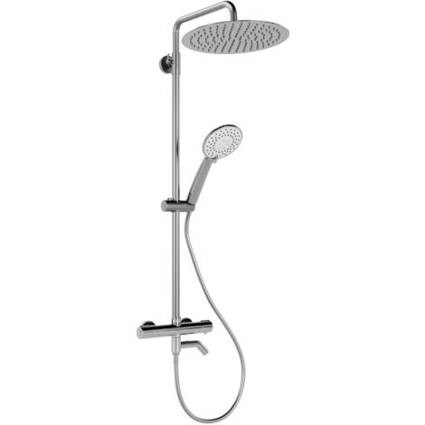 Columna de ducha termostática redonda con salida para bañera – Salida superior/inferior – Ducha de lluvia de 250 mm en acero inoxidable – Ducha de mano – Cromado