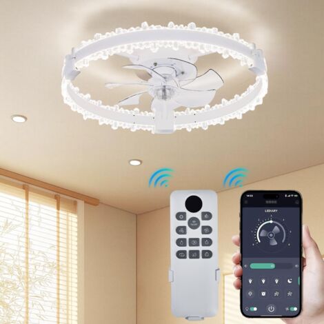 Ventilador de techo moderno con LED circular – Diseño rama, 7 aspas – Motor silencioso 500mm – Blanco