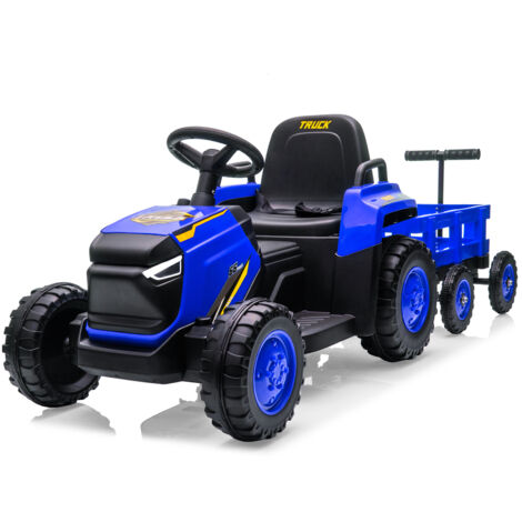 Garvee Tractor Eléctrico Infantil 12V con Remolque Desmontable, 6 Neumáticos con Mando a Distancia, Música, Doble Motor, Faros LED Azul