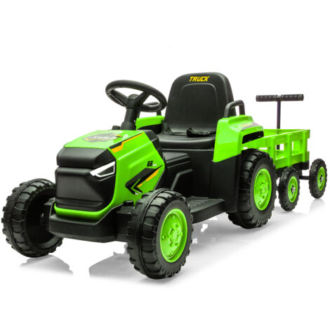 Garvee Tractor Eléctrico Infantil 12V con Remolque Desmontable, 6 Neumáticos con Mando a Distancia, Música, Doble Motor, Faros LED Verde