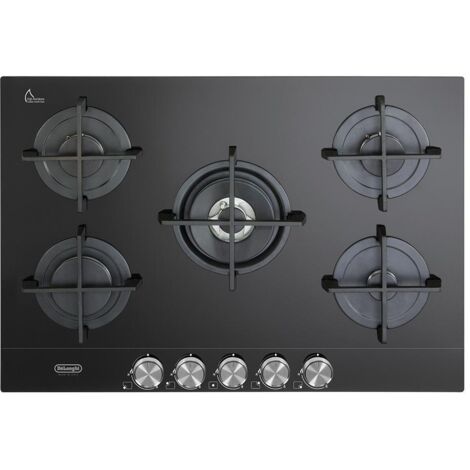 DeLonghi NSL575NC Piano Cottura a Gas in Vetroceramica 5 Fuochi 1 con Doppia Corona Griglie in Ghisa 75 cm Nero