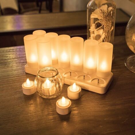 12er-Pack wiederaufladbare LED-Kerzen, elektrische LED-Kerzen, flackernde Flamme, mit Ladestation, Dekoration für Weihnachten, Geburtstag, Hochzeit, Abendessen, Votivkerzen, Tisch, Café, Bar, Restaura (1/4)