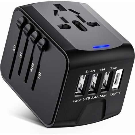 Offerta speciale - Adattatore da viaggio, adattatore universale con tipo C + 3 porte USB e presa CA, adattatore per più paesi, da DEBUNS (1/5)