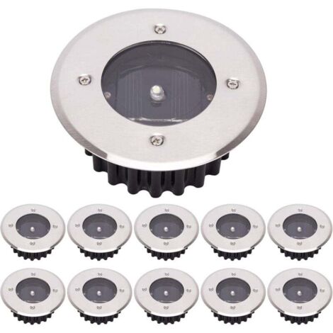 Pack de 10 luces LED solares para suelo, para exteriores, de calle, enterrada, impermeables IP65 (blanco frío, redondas) [Clase energética A+], DEBUNS