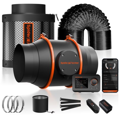 Spider Farmer – Ventilateur d'extraction en ligne 6' 402 pi³/min – Filtre à charbon – Kit de conduits – Installation rapide pour espaces confinés