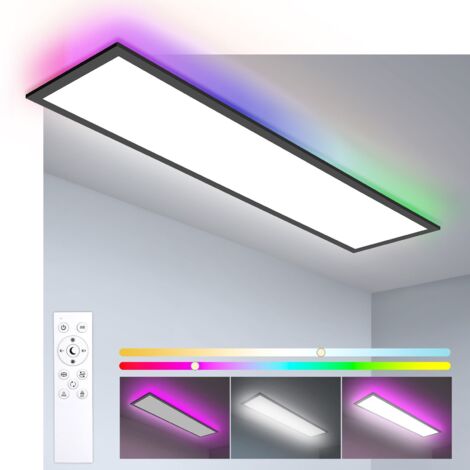 Panneau LED 120x30 cm Dimmable avec Télécommande, 40W RGB, Mémoire, 3000K-6500K, Plafonnier Rectangulaire pour Cuisine Salon Bureau – Noir