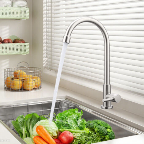 Robinet d'Eau Froide, Mitigeur de Cuisine à Levier Unique, Rotation 360° Robinet Haute Pression Monocommande, Robinet d'Eau Froide Mode Colonne en Acier Inoxydable, Brossé (1/5)