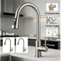 Lot de 2 robinets de cuisine extractibles – 3 types de jets, pivotants à 360°, bec haut en acier inoxydable, mitigeur monocommande pour évier