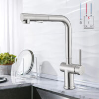 Mitigeur cuisine haut de gamme inox 304 brossé, 2 modes d’eau, douchette extractible, pivot 360°, 3 raccords pour chauffe-eau, kit complet inclus