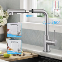 Mitigeur Cuisine Inox Brossé avec Douchette Extractible, Basse Pression pour Chauffe-eau, 2 Jets, Rotation 360°, Design Moderne