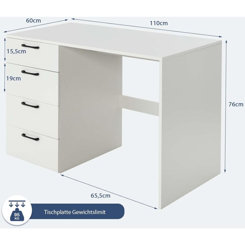 Habitdesign Schreibtisch Mit Schublade – 101x73x50 Cm, Weiß & Anthrazit, Für Homeoffice & Jugendzimmer
