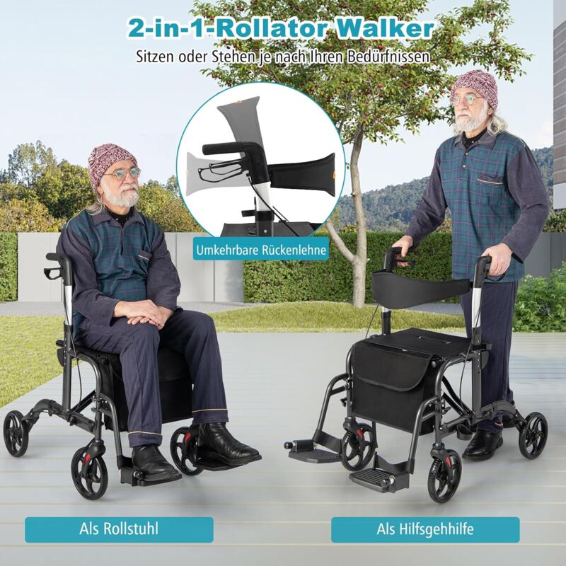 Leichter Aluminium Rollator Mit Sitz – Faltbar & 6-fach Höhenverstellbar | 20 Cm Geländereifen Für Innen & Außen