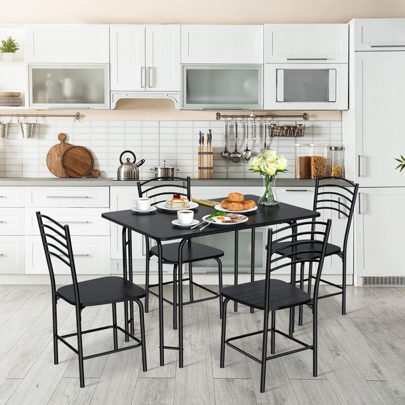 Set van 4 Metalen Eetkamerstoelen Stapelbare Stoelen voor in de Keuken met Houten Zitting en Afneembare Hoge Rugleuning Eetkamerstoelen - Costway