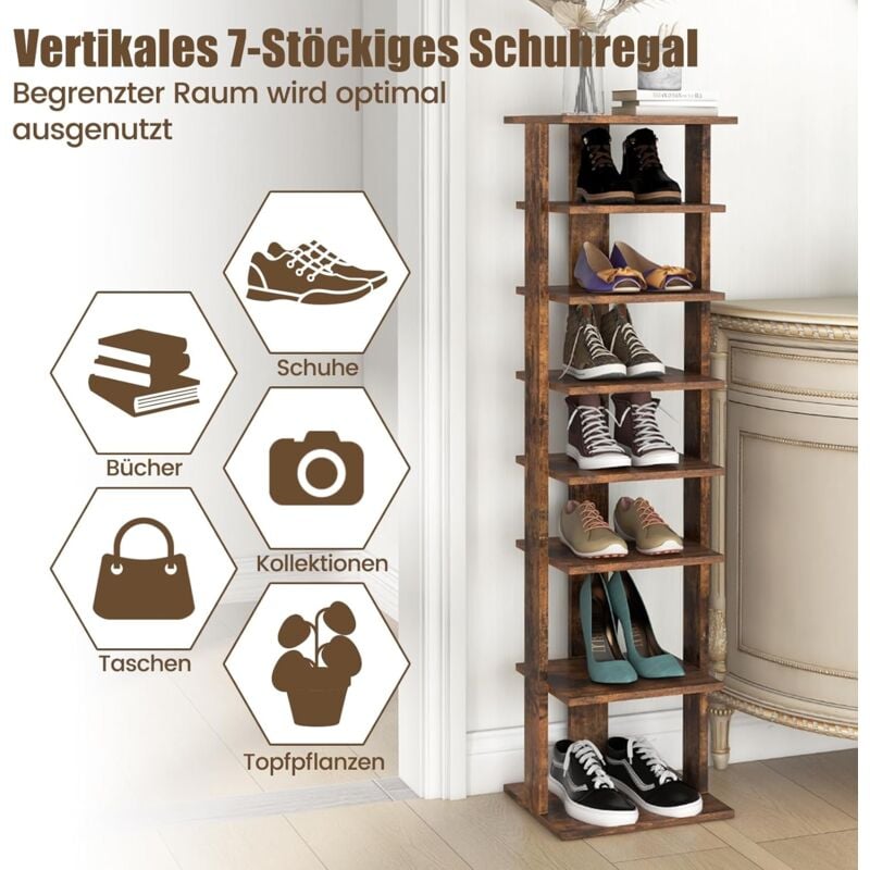 COSTWAY 8 stufiger Schuhständer höheverstellbar, Platzsparendes Schuhregal  aus Holz, Schuh-Organizer vertikal, Freistehender Eckregal für Eingang, Flur  (Braun, Einzel)