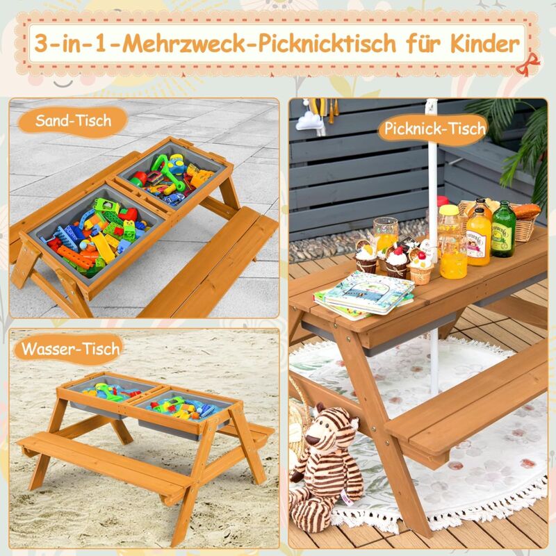 3 In 1 Kinder Picknicktisch Mit Sonnenschirm & Bänke & Abnehmbarer Tischplatte