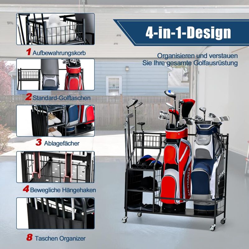Kofull Golf-Organizer – Extra Großes Rack Für 21 Schläger, 2 Taschen, Verstellbare Haken, Mit Rollen & Diebstahlschutz, Platzsparend Kofull Golf-Organizer – Extra Großes Rack Für 21 Schläger, 2 Taschen, Verstellbare Haken, Mit Rollen & Diebstahlschutz, Platzsparend