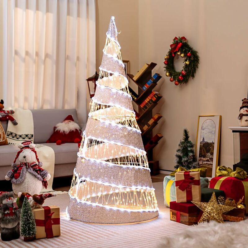 Lichterbaum LEDs, mit innen Spiral Metall 250 kaltweißen Kegelform, Tannenbaum Lichterkette, LED COSTWAY Weihnachtsbaum 155 klappbar, Weihnachtsdeko, 300 und beleuchtete außen, cm warmweißen