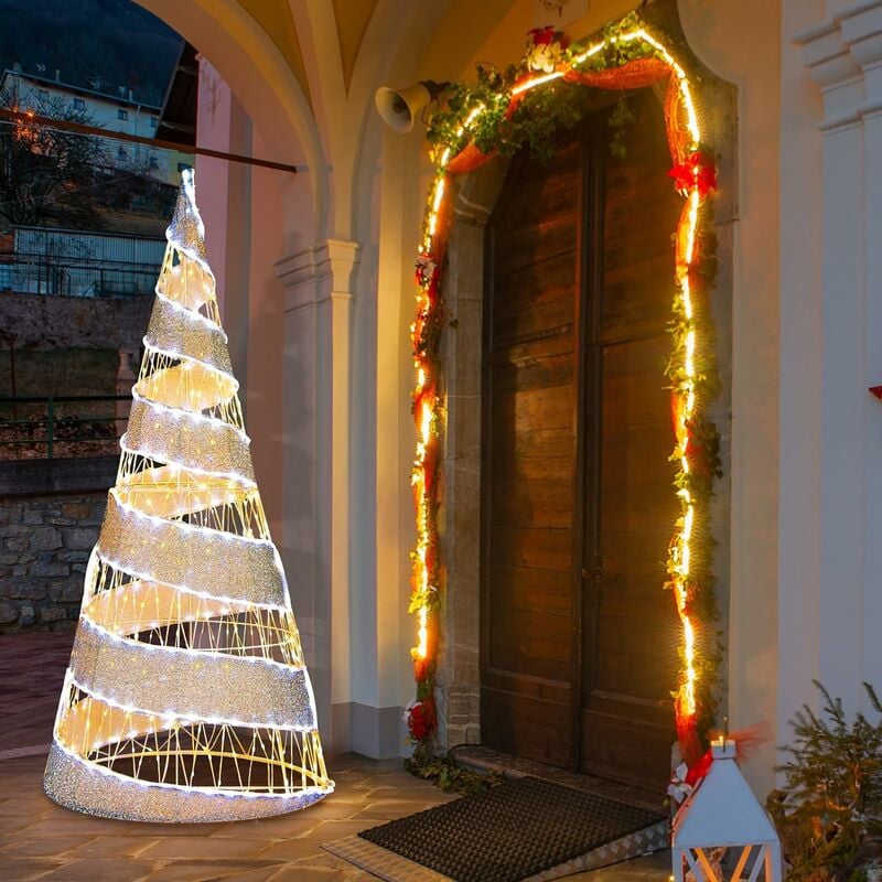 COSTWAY 155 cm LED Weihnachtsbaum kaltweißen mit 300 klappbar, LEDs, innen warmweißen Kegelform, Metall Tannenbaum Lichterkette, und Spiral Lichterbaum außen, Weihnachtsdeko, beleuchtete 250