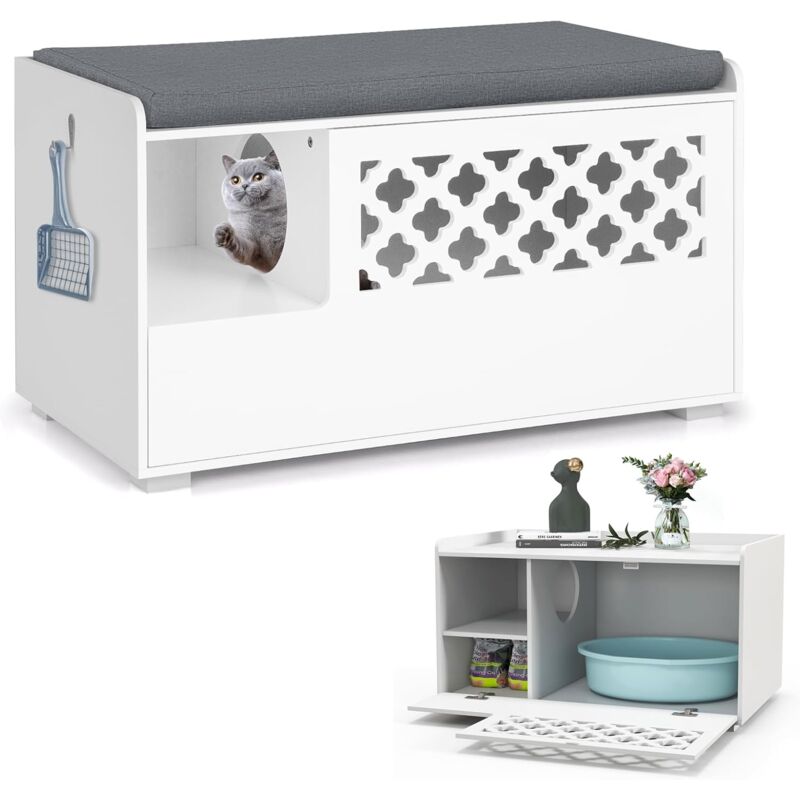 COSTWAY Katzenschrank fr Katzentoilette, 4 in 1 Katzenhaus Schuhbank  Beistelltisch, Katzenhhle mit Eingang & Haken & abnehmbarem Kissen,  Katzenklo Schrank Katzenmbel, Katzen Hunde Haustier, Wei