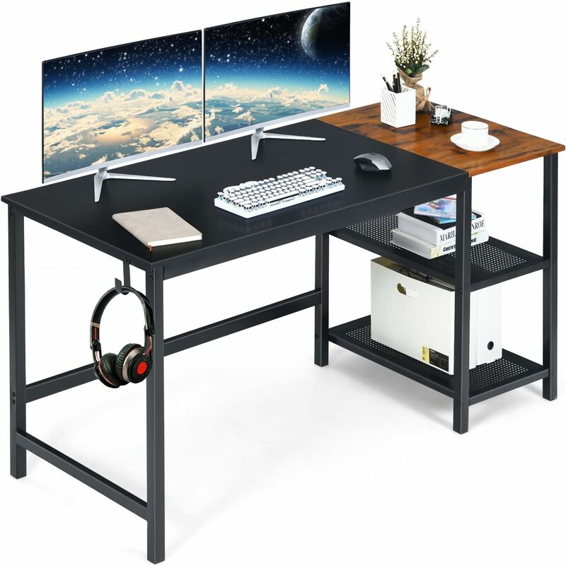 COSTWAY Computertisch 150cm, Schreibtisch mit herausnehmbaren  Ablagefächern, industrieller Laptop-Schreibtisch mit Kopfhörerhaken  Stahlrahmen, PC Tisch für Zuhause Büro (Schwarz)