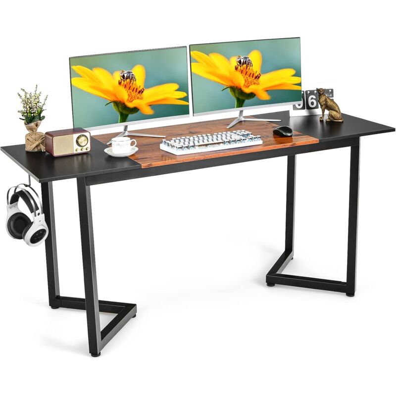 COSTWAY Schreibtisch, 160 x 60 x 74 cm, Computertisch schmal, Bürotisch mit  Spleißbrett & Haken, PC-Tisch Holz Officetisch, Arbeitstisch Metallgestell,  für Home Office, Büro, Rustikales Braun