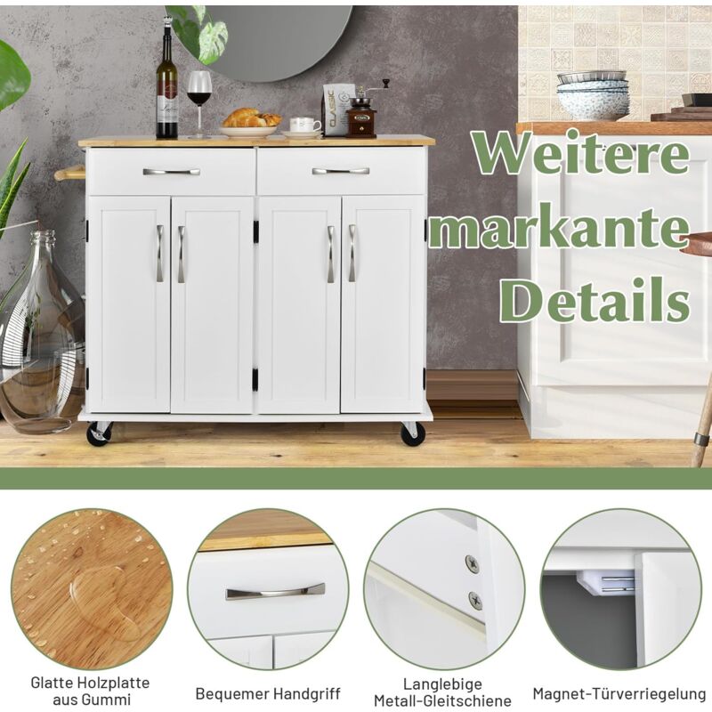 FANTASK Servierwagen Auf Rollen - Küchenwagen Mit Schublade, Weinregal & Arbeitsplatte Im Landhausstil (Weiß)