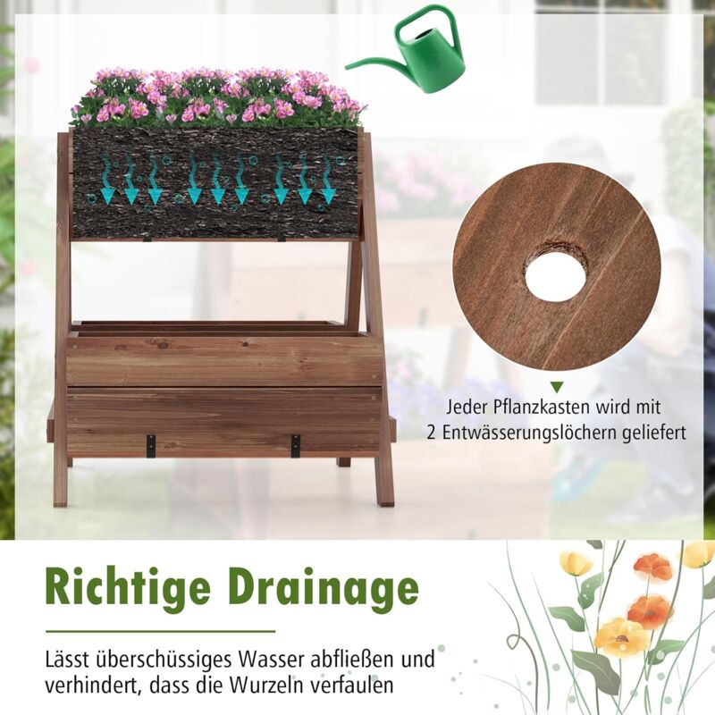 COSTWAY vertikales Hochbeet mit 2 Etagen, Blumenbeet mit 3 Pflanzksten &  Ablauflchern, Blumentreppe Gartenbeet Tannenholz, Blumenkasten fr  Terrasse Balkon Garten, Braun (66x73x73cm)