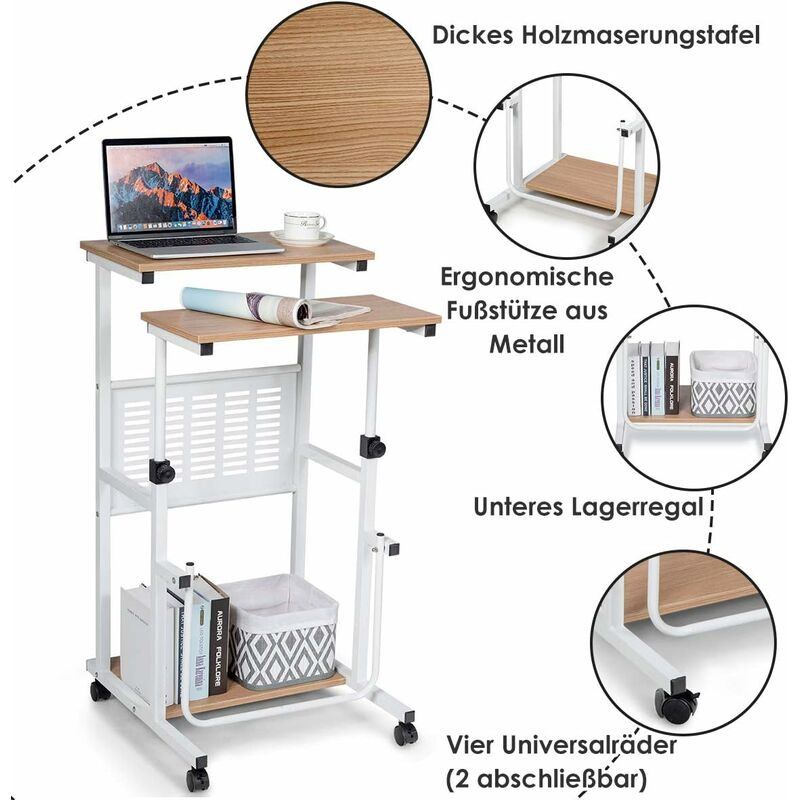 COSTWAY Computertafel in hoogte verstelbaar van 70-107cm, bureau mobiel met wielen, roltafel, laptoptafel met 2 remmen, notebooktafel (wit