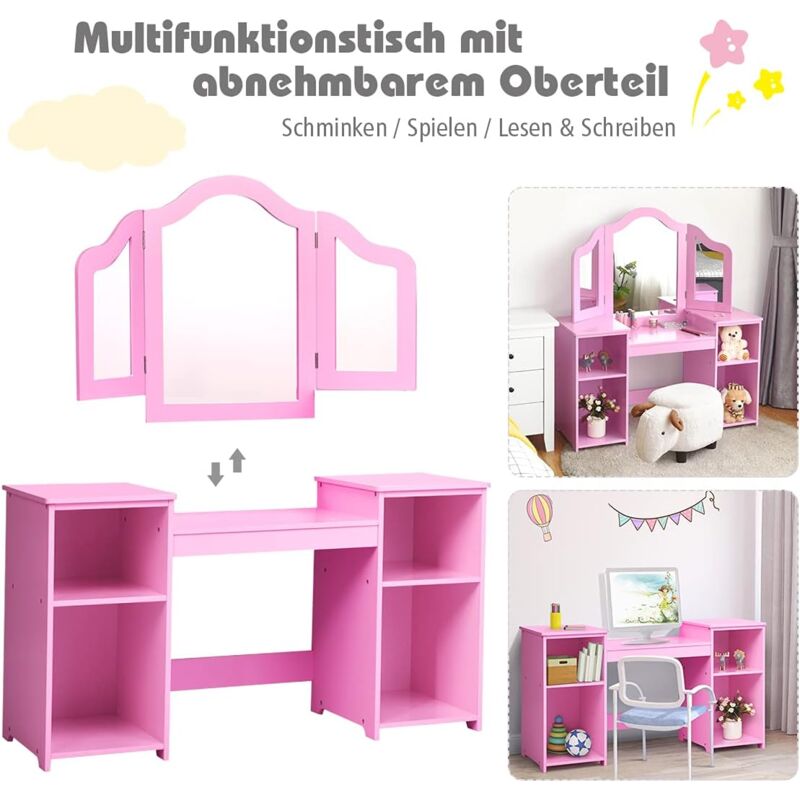 Mädchen Frisiertisch FANTASK Kinderschminktisch Mit Spiegel - 2-in-1 Mit Hasen-Design, 2 Schubladen Schminktisch Für Mädchen Ab 6
