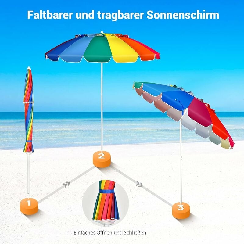 2 m Hoher Strandschirm mit Tisch & Sandsack Tragbarer Sonnenschirm Bunt -  Costway