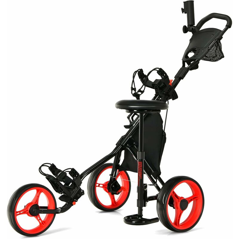 COSTWAY Golf Trolley klappbar 3 Rad, mit Golf Scorer Zähler Halter und  Becherhalter & Radschloss & Aufbewahrungstasche & verstellbare Griffe &  Verstellbarer Schirmhalter & Sitz