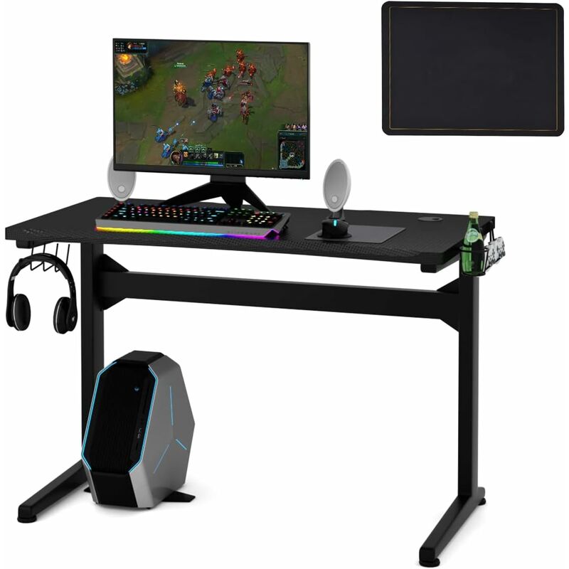 COSTWAY Gamingtisch, Ergonomischer Schreibtisch mit mit Tassen- und  Kopfhoererhalter, Mauspad, E-Sports Tisch mit T-foermiges Stahlgestell,  Computertisch