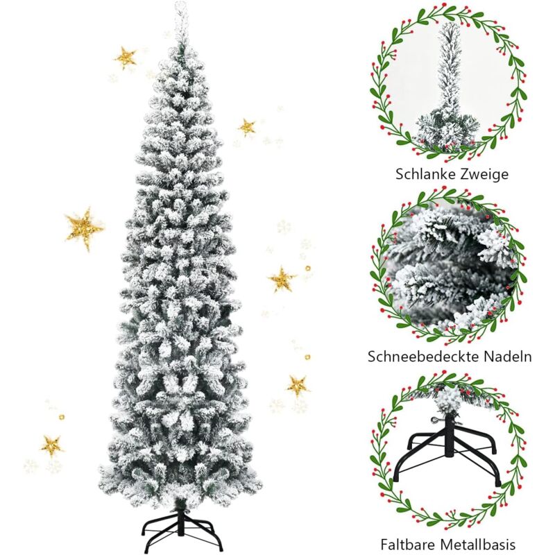 210 Cm Künstlicher Weihnachtsbaum Mit Beleuchtung & Deko-Set – Schneebedeckter Baum Mit LED-Lichtern, Kugeln & Metallständer