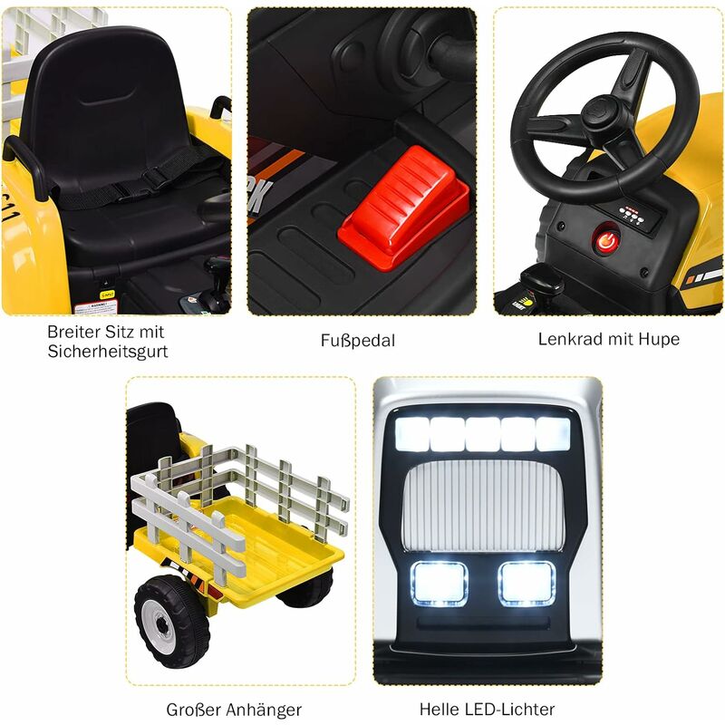 COSTWAY 12V 3-Gang Traktor mit abnehmbarem Anhänger und 2,4G Fernbedienung,  Kinder Aufsitztraktor mit LED Lichtern, Musik, Hupe & USB Funktionen,  geeignet für Kinder ab 3 Jahren Gelb