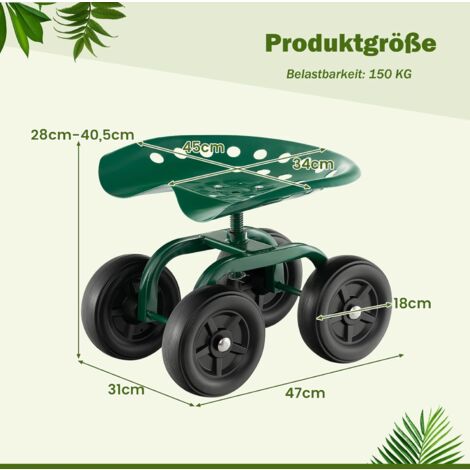 Garten Rollhocker Mit 360° Drehbarem Sitz & Schwenkrollen – 150 Kg Tragkraft, Höhenverstellbar 51–61 Cm – Inkl. Handschuhe Für Gartenarbeit & Auto-Detailing